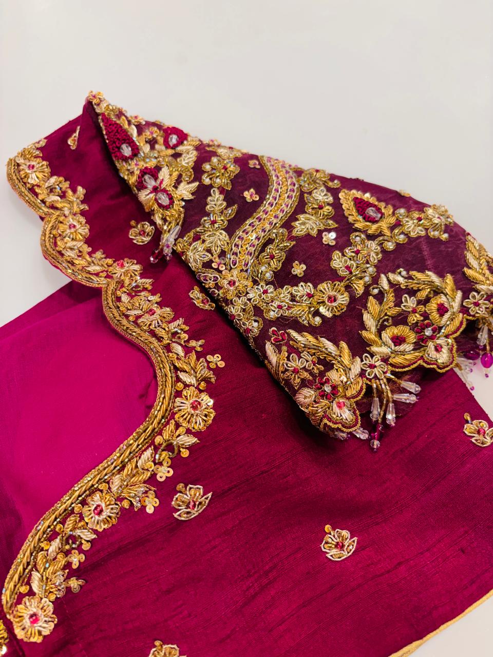 Regal Magenta Raw Silk Designer Blouse with Scalloped Zardozi and Ruby Stone Hand-Embroidery