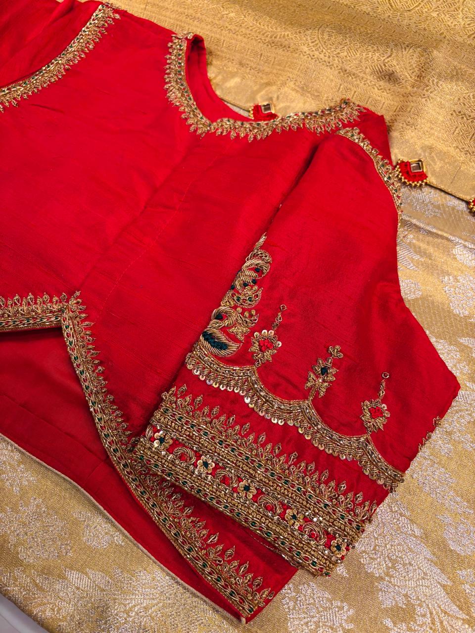 Opulent Crimson Red Designer Silk Blouse with Intricate Zardozi and Stone Hand-Embroidery