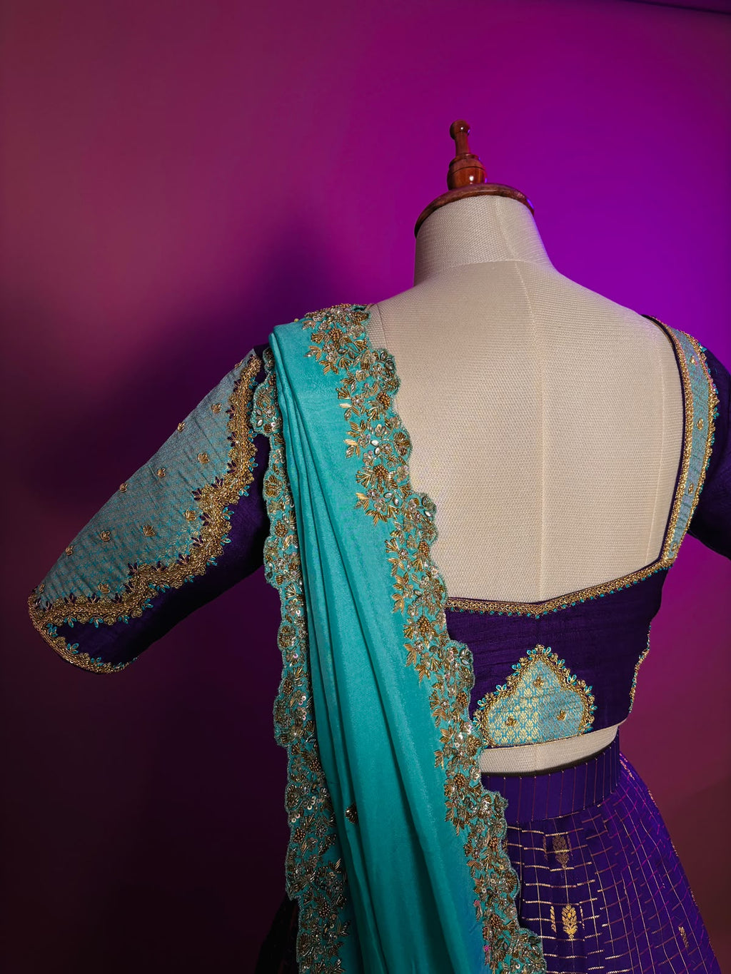 Royal Purple and Aqua Blue Brocade Langa Voni Set with Intricate Zardozi and Stone Embroidery