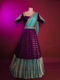 Royal Purple and Aqua Blue Brocade Langa Voni Set with Intricate Zardozi and Stone Embroidery