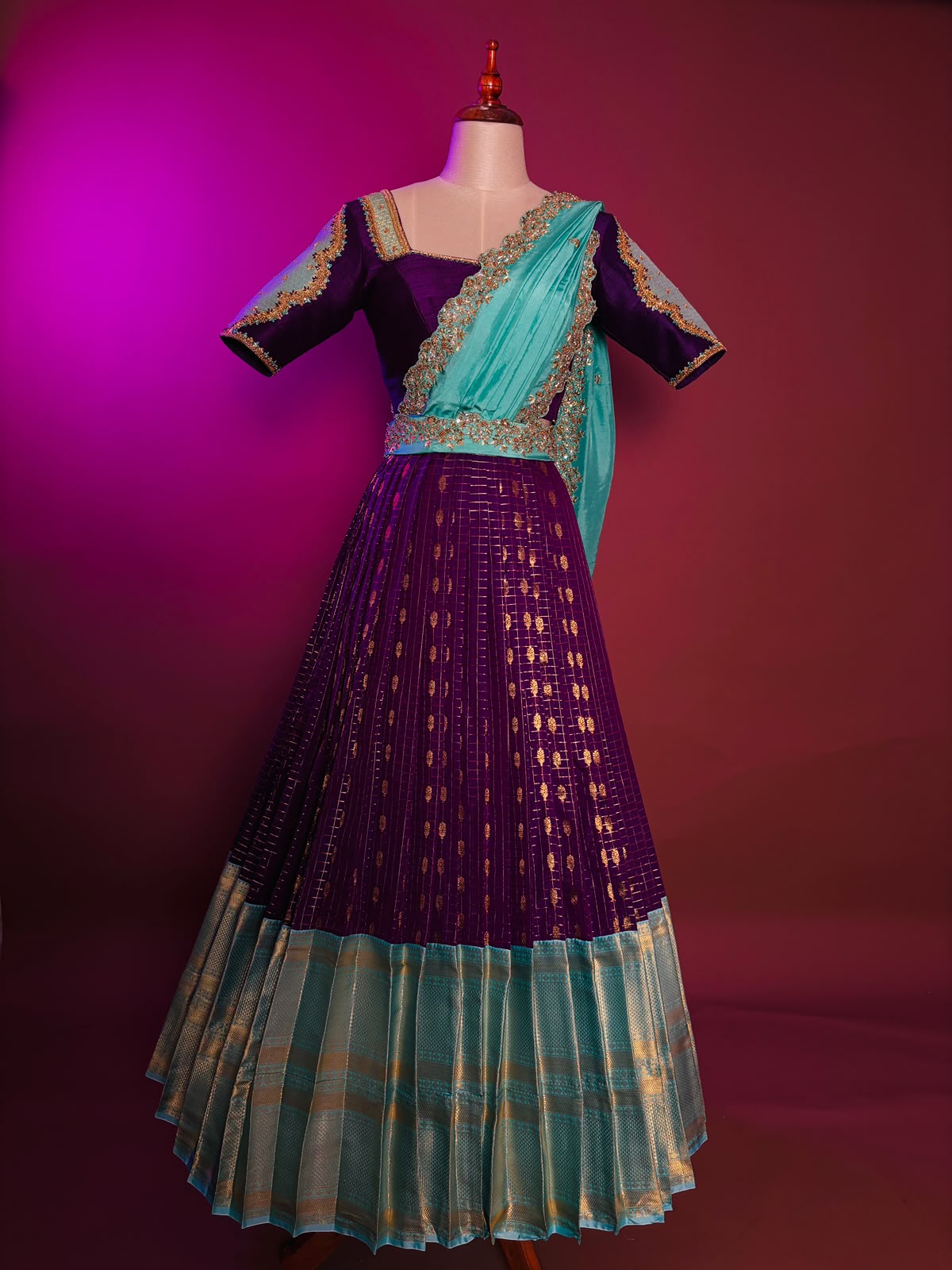 Royal Purple and Aqua Blue Brocade Langa Voni Set with Intricate Zardozi and Stone Embroidery