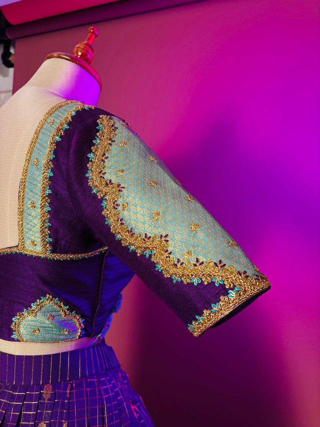 Royal Purple and Aqua Blue Brocade Langa Voni Set with Intricate Zardozi and Stone Embroidery