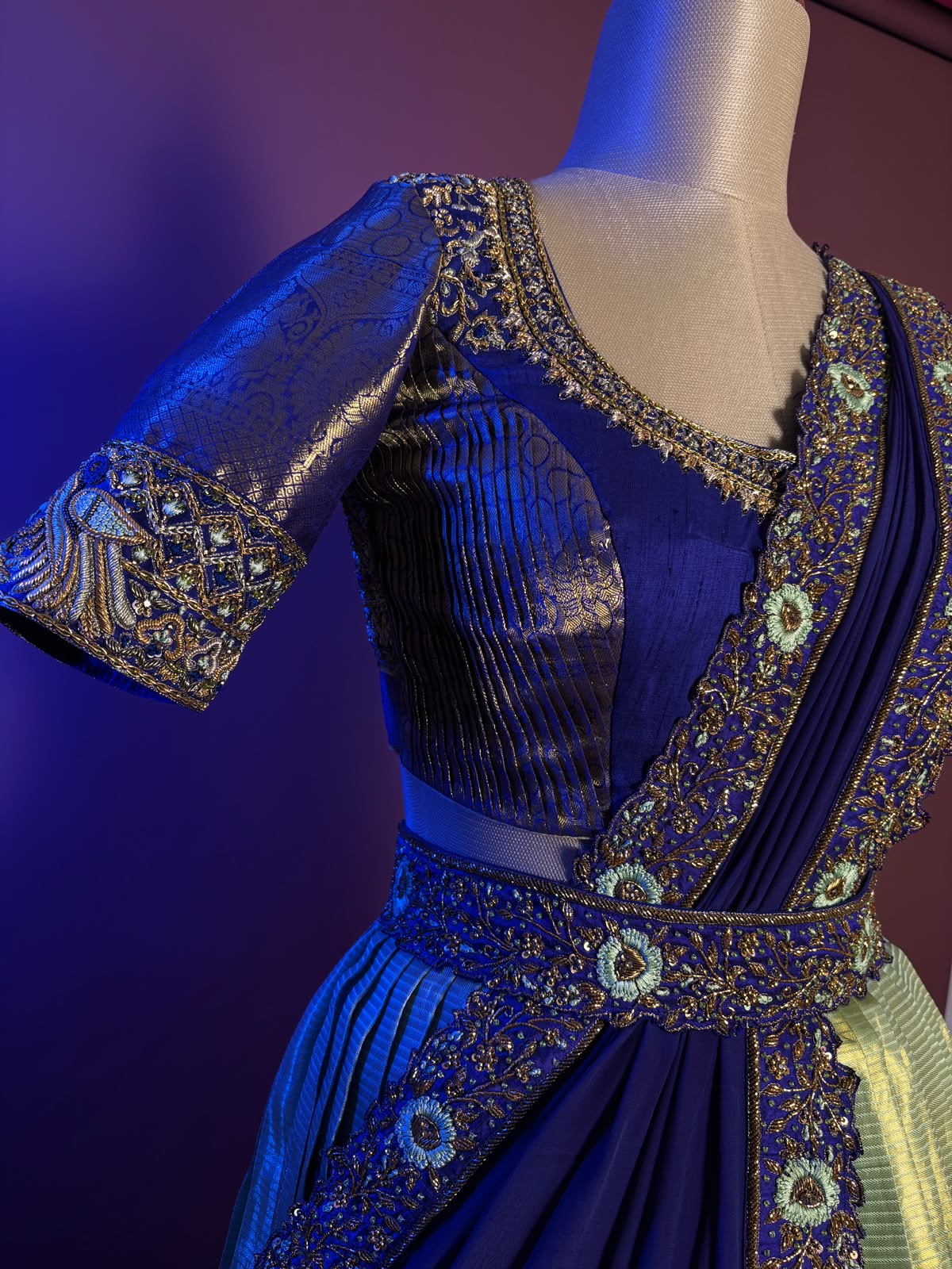 Majestic Royal Blue and Gold Pleated Langa Voni Set with Hand-Embroidered Zardozi and Floral Motifs