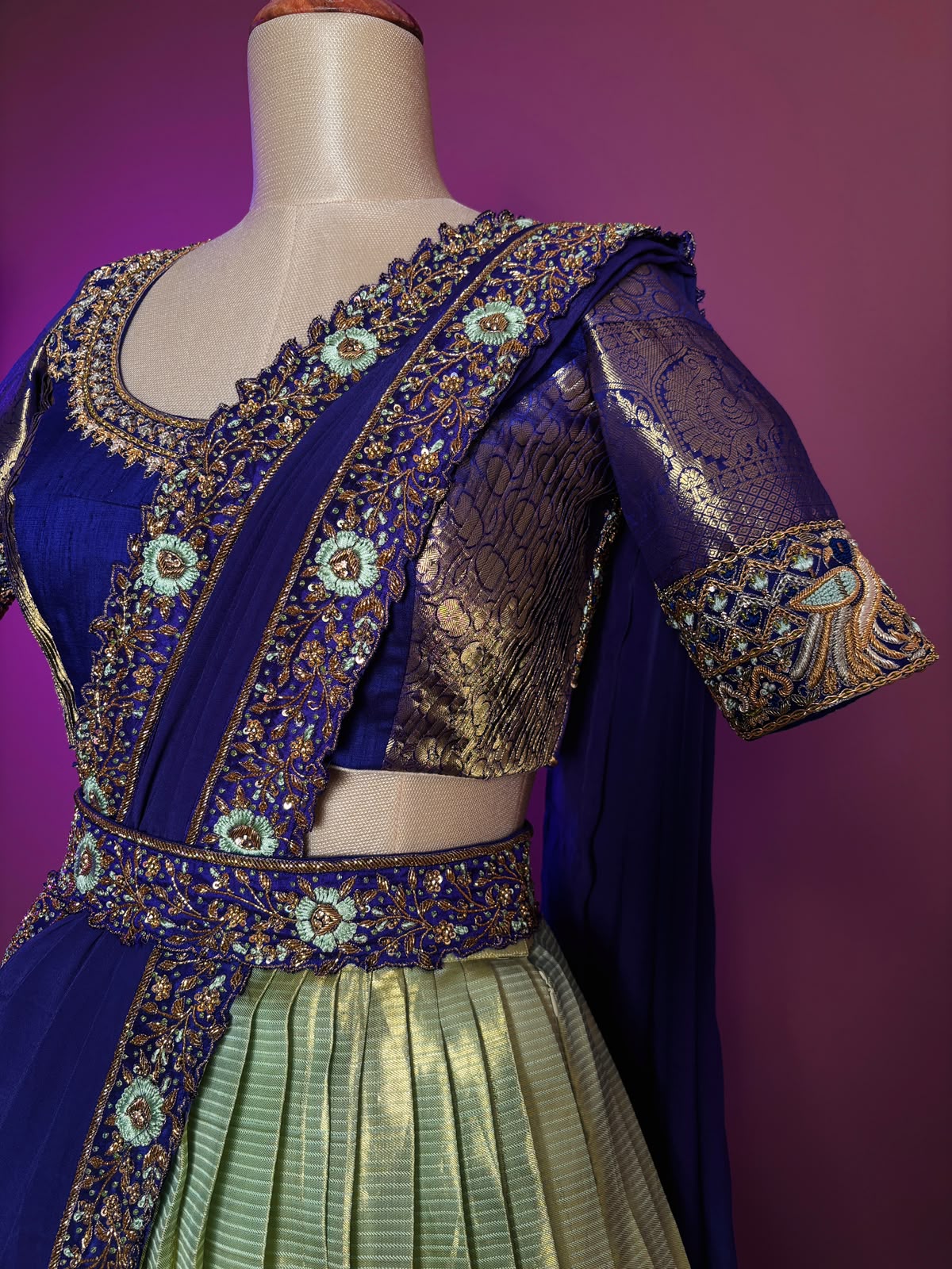 Majestic Royal Blue and Gold Pleated Langa Voni Set with Hand-Embroidered Zardozi and Floral Motifs
