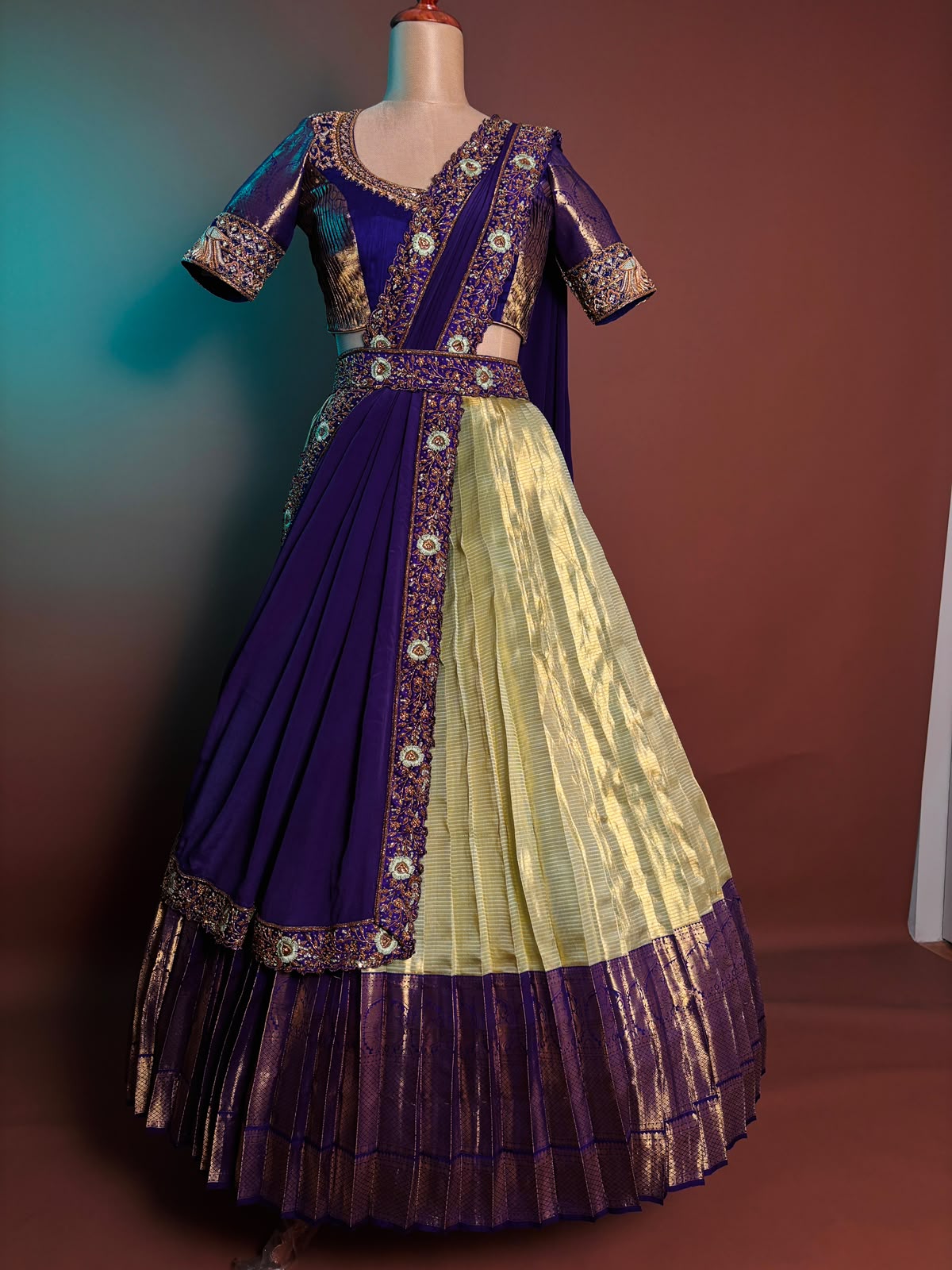Majestic Royal Blue and Gold Pleated Langa Voni Set with Hand-Embroidered Zardozi and Floral Motifs