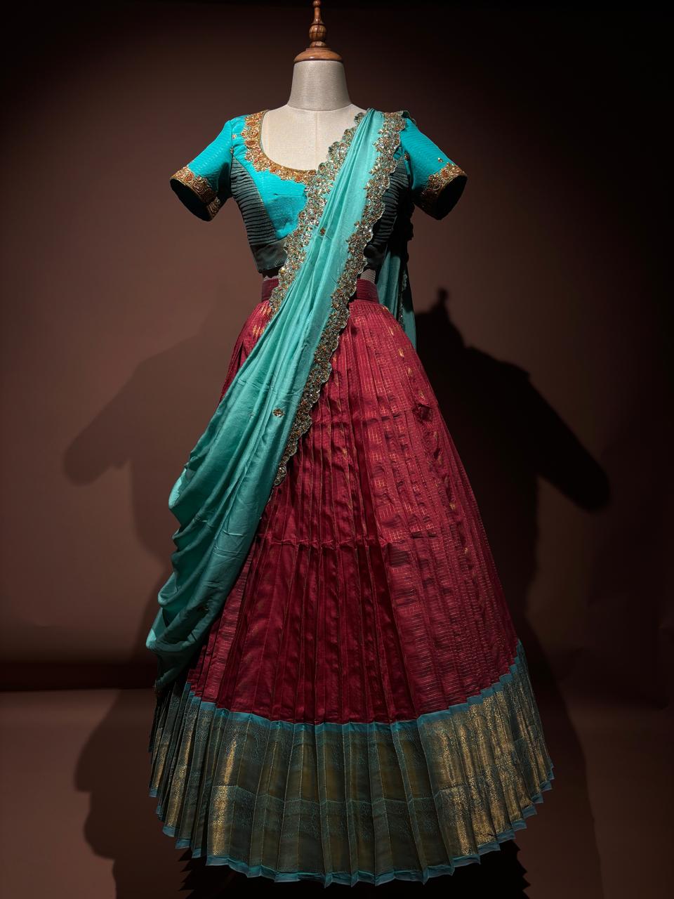 Regal Maroon and Turquoise Brocade Langa Voni Set with Intricate Zardozi and Sequin Embroidery